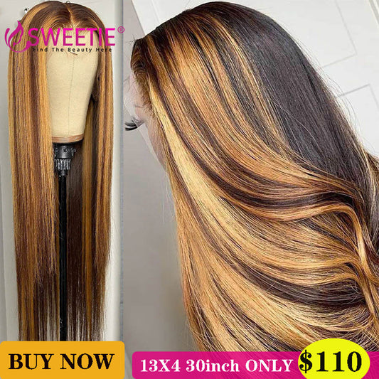 34inch Bone Straight Highlight Lace Front Human Hair 4/27 Ombre 13x4