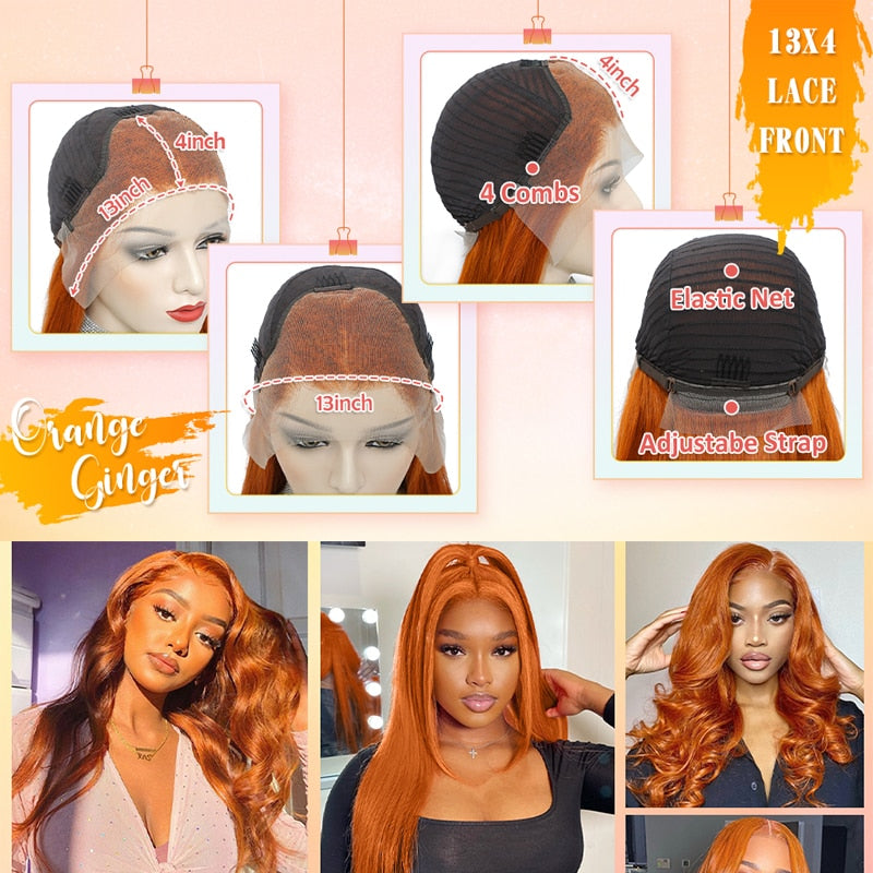 Ginger Orange 13x6 Lace Front Wigs Human Hair Bone Body Wave 13x4